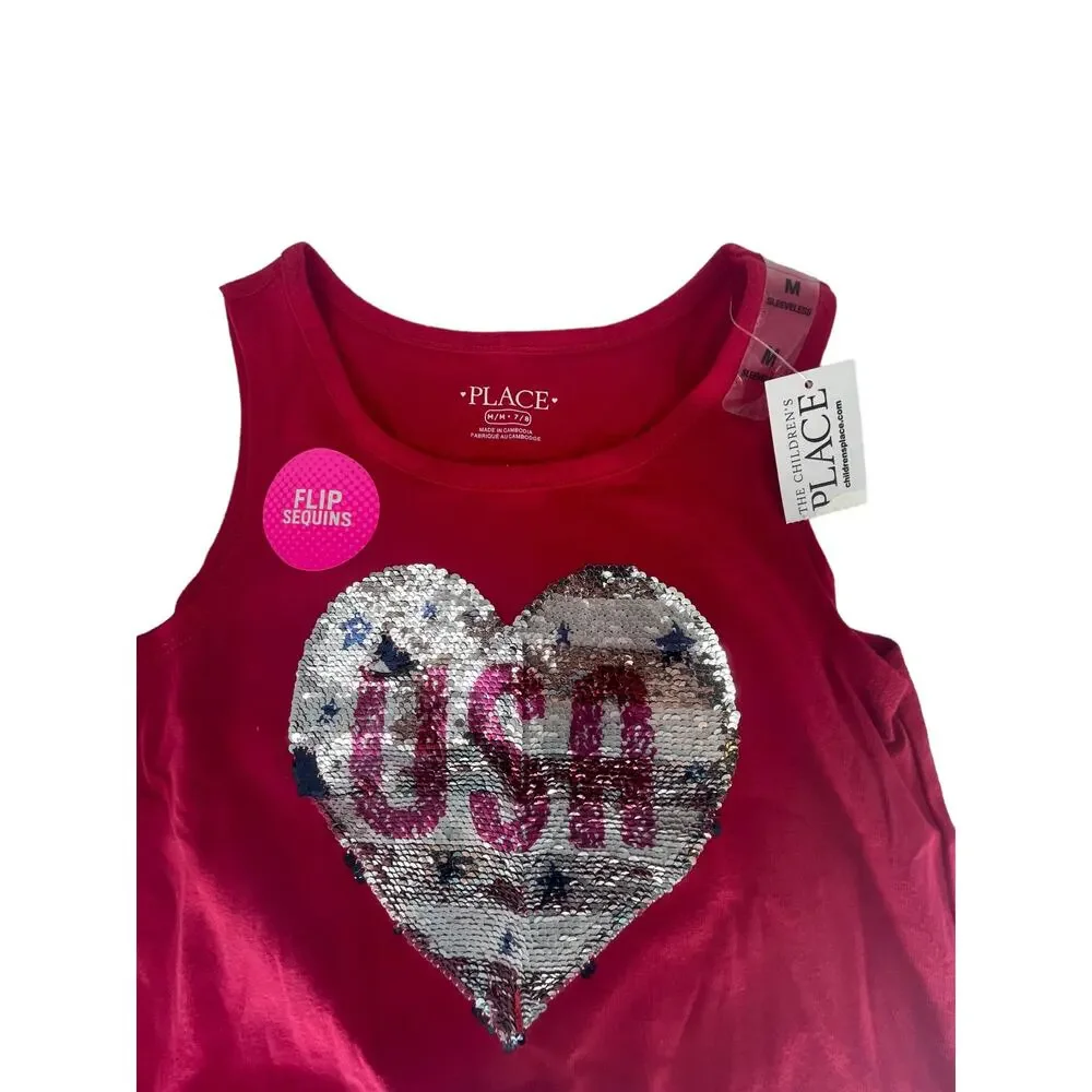 NWT The Children's Place Red Sequined USA Tank Top Youth Size Medium 7/8